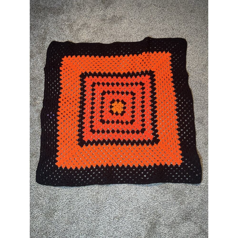New Handmade Orange & Black Halloween Mini Granny Square crochet blanket/throw